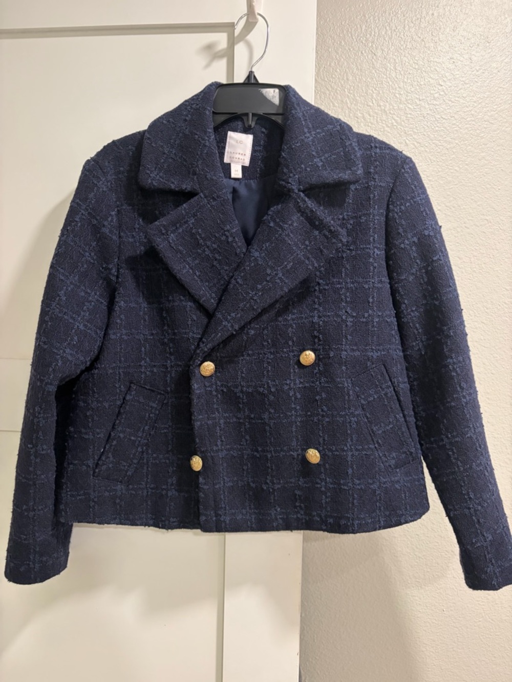 LC Lauren Conrad Navy Textured Coat with Gold Accent Buttons